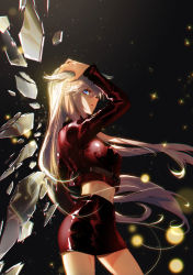 Rule 34 | backlighting, circle, cover, cover page, dark background, douluo dalu, from side, glass shards, hei zhi shi, highres, jacket, multicolored hair, navel, official art, red jacket, red skirt, shiny clothes, skirt, sparkle, tang wutong (douluo dalu)