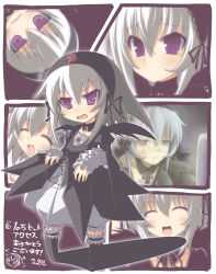 Rule 34 | 00s, 1girl, 2008, ^^^, ^ ^, bags under eyes, black wings, chibi, closed eyes, collarbone, computer, crazy developers, dated, dress, drooling, closed eyes, flower, frills, grey hair, hairband, long hair, purple eyes, rose, rozen maiden, smile, suigintou, wings