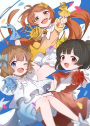 Rule 34 | 3girls, absurdres, black hair, blue bow, blue eyes, blue gloves, blush, bow, brown hair, dot nose, dress, feet out of frame, floating, floating hair, gloves, hair bow, head tilt, highres, idolmaster, idolmaster million live!, idolmaster million live! amairo no asterism, idolmaster million live! theater days, knees together feet apart, knees up, long bangs, long hair, long sleeves, low twintails, multiple girls, nakatani iku, ogami tamaki, one eye closed, ooho0216, open mouth, orange eyes, orange hair, parted bangs, red dress, red eyes, red gloves, short dress, short hair, side ponytail, simple background, smile, suou momoko, teeth, twintails, upper teeth only, very long hair, white background, white dress, yellow bow, yellow dress, yellow gloves