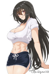 Rule 34 | 1girl, abs, alternate costume, black shorts, breasts, chamumi (mochiumee), cleavage, cowboy shot, dolphin shorts, kantai collection, large breasts, long hair, midriff, nagato (kancolle), navel, one-hour drawing challenge, red eyes, shirt, shorts, simple background, solo, white background, white shirt