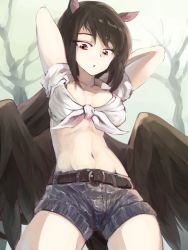 Rule 34 | 1girl, :o, animal ears, arms behind head, arms up, bad proportions, beige background, belt, black hair, black wings, blue shorts, breasts, collarbone, commentary request, cowboy shot, feathered wings, from below, highres, horse ears, kurokoma saki, long hair, looking down, medium breasts, midriff, navel, no headwear, parted lips, pegasus wings, red eyes, shirt, short shorts, shorts, sky, solo, sunnysideup, swept bangs, thighs, tied shirt, touhou, tree, white shirt, wings