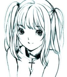Rule 34 | 00s, 1girl, amane misa, aqua theme, bare shoulders, breasts, choker, cleavage, collarbone, cross, death note, looking at viewer, monochrome, nekomata naomi, nekomataya, sketch, small breasts, smile, solo, two side up, upper body