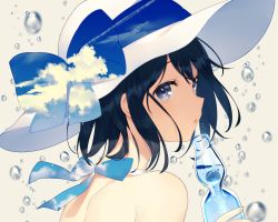Rule 34 | 1girl, :o, achiki, bare shoulders, black hair, blue bow, blue eyes, bottle, bow, from side, halterneck, hat, hat bow, holding, holding bottle, looking at viewer, looking to the side, open mouth, original, ramune, simple background, sky print, solo, sun hat, tareme, upper body, water drop, white hat, yellow background
