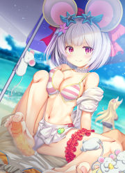 Rule 34 | 2girls, animal ears, beach, blush, bow, breasts, censored, cleavage, collarbone, commentary request, footjob, granblue fantasy, hair bow, highres, kumbhira (granblue fantasy), large breasts, looking at viewer, matsunami rumi, medium breasts, mouse (animal), mouse ears, multiple girls, navel, penis, purple eyes, silver hair, smile, spread legs, star-shaped eyewear, star (symbol), swimsuit, vikala (granblue fantasy)