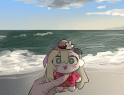 Rule 34 | 1girl, asymmetrical bangs, beach, blonde hair, blue sky, blush stickers, bright pupils, character doll, cloud, day, doll, flower, green eyes, hat, hat flower, hawaiian shirt, highres, holding, holding doll, insect hair ornament, long hair, matangom, matangomu-chan, ocean, open mouth, original, out of frame, outdoors, parody, photo-referenced, pillbug, pov, pov hands, shirt, sky, smile, straw hat, tassel, white pupils, wide-eyed