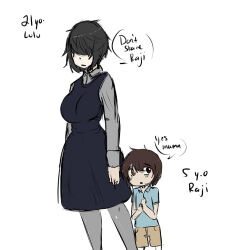 Rule 34 | 1boy, 1girl, black hair, breasts, brown hair, chibi-works, creepypasta, english text, flat color, hair over eyes, heterochromia, large breasts, lulu (creepypasta), mature female, mother and child, pale skin, short hair, simple background, sketch, speech bubble, white background