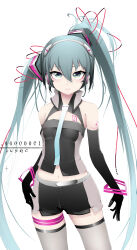 Rule 34 | 1girl, absurdres, alternate hairstyle, asymmetrical hair, barcode, barcode tattoo, blue eyes, blue hair, blush, clothing cutout, collared shirt, crop top, crying, elbow gloves, frown, gloves, hair ornament, hatsune miku, headphones, high collar, highres, kogaara, long hair, looking at viewer, midriff, navel, necktie, shirt, shorts, sleeveless, sleeveless shirt, solo, tattoo, tearing up, tears, thigh strap, thighhighs, twintails, very long hair, vocaloid, wing collar, wristband