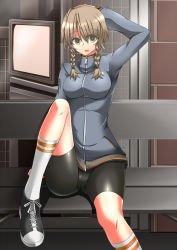 Rule 34 | 1girl, amane suzuha, bench, bike shorts, braid, breasts, brown hair, female focus, jacket, ment, open mouth, outdoors, sitting, smile, socks, solo, steins;gate, television, track jacket, twin braids, yellow eyes