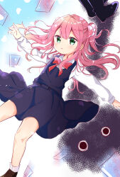 Rule 34 | 1girl, aged down, black dress, blush, bow, card, cherry blossom print, child, chiyoda momo, commentary request, double-parted bangs, dress, dutch angle, feet out of frame, floating clothes, floating hair, floral print, green eyes, hair between eyes, highres, long hair, long sleeves, looking afar, lying, machikado mazoku, nanami ayane (kusunoki5050), official alternate costume, official alternate hairstyle, on back, parted lips, pinafore dress, pink hair, red bow, shirt, short dress, sidelocks, simple background, sleeveless, sleeveless dress, solo, two side up, white background, white shirt, wing hair ornament
