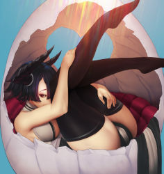 Rule 34 | 1girl, bare arms, bare shoulders, black hair, black thighhighs, blunt bangs, breasts, commentary, demon girl, demon horns, demon tail, dress, eggshell, eyebrows, eyelashes, from side, full body, hair over one eye, half-closed eyes, halterneck, hand on leg, hand on thigh, highres, horns, in container, knees to chest, large breasts, legs, legs up, makeup, mascara, milk-doll, original, pelvic curtain, red eyes, short hair, sleeveless, sleeveless dress, solo, tail, thighhighs, thighs, turtleneck, white dress