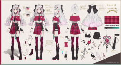 Rule 34 | 1girl, ahoge, akakura, bandaged arm, bandages, bare shoulders, belt, black belt, black bow, black collar, black footwear, black gloves, black necktie, black shorts, boots, bow, chain, character sheet, collar, copyright name, ear piercing, earrings, fingerless gloves, fishnet pantyhose, fishnets, full body, gloves, gradient hair, grey hair, hair bow, hair ornament, heterochromia, ishigami nozomi, ishigami nozomi (1st costume), jewelry, knee boots, long hair, multicolored hair, multiple views, nail polish, necktie, nijisanji, off shoulder, official art, pantyhose, piercing, pink eyes, plaid, plaid skirt, pleated skirt, red shirt, red skirt, red thighhighs, shirt, shorts, side slit, simple background, skirt, solo, tachi-e, tattoo, thigh strap, thighhighs, torn clothes, torn thighhighs, virtual youtuber, white background, wristband