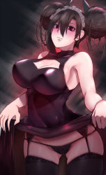 Rule 34 | 1girl, agent (girls&#039; frontline), armpits, asymmetrical hair, black hair, black panties, black thighhighs, blush, breasts, cleavage, cleavage cutout, clenched teeth, clothes lift, clothing cutout, commentary request, cowboy shot, double bun, dress, dress lift, evening gown, garter belt, garter straps, girls&#039; frontline, gluteal fold, hair between eyes, hair bun, highres, large breasts, legs, lifted by self, looking at viewer, maid headdress, messy hair, panties, pao mian+dan, red eyes, sangvis ferri, skindentation, solo, sweatdrop, teeth, thighhighs, thighs, underwear