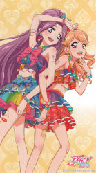 Rule 34 | 10s, 2girls, :d, absurdres, aikatsu!, aikatsu! (series), arm tattoo, arm up, armlet, armpits, back-to-back, bare legs, bare shoulders, beads, blue bow, blush, body blush, body writing, bow, bracelet, breasts, clothes writing, clubs, colorful, copyright name, cowboy shot, crop top, crop top overhang, diamond (shape), earrings, finger to mouth, flipped hair, floral print, from side, gem (symbol), glitter, gradient background, hair bow, hand on own chin, heart, high ponytail, highres, ishikawa kayoko, jewelry, kanzaki mizuki, layered skirt, lips, locked arms, logo, long hair, looking at viewer, midriff, multicolored clothes, multicolored hair, multicolored skirt, multiple girls, nail polish, narrow waist, natsuki mikuru, navel, necklace, official art, open mouth, orange background, orange hair, palm tree, parted bangs, pearl bracelet, pearl necklace, pendant, pink bow, pink hair, pink nails, ponytail, purple eyes, purple hair, rainbow order, red eyes, red nails, scan, sidelocks, skirt, sleeveless, small breasts, smile, spade, sparkle, standing, stomach, streaked hair, stroking own chin, swept bangs, tank top, tattoo, teeth, tree, two-tone hair, very long hair, vivid kiss, weapon