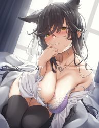 Rule 34 | 1girl, animal ear fluff, areola slip, atago (azur lane), azur lane, bare shoulders, between breasts, black hair, black thighhighs, blanket, blush, bottomless, bra, breasts squeezed together, breasts, cleavage, collarbone, commentary request, condom, condom wrapper, head tilt, heart, heart necklace, highres, indoors, kneeling, large breasts, leaning forward, long hair, long sleeves, looking at viewer, mole, mole under eye, necklace, on bed, open clothes, open shirt, papino, parted lips, purple bra, shirt, smile, solo, strap slip, thighhighs, underwear, very long hair, white shirt, window, wristband, yellow eyes