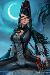 Rule 34 | 1girl, bayonetta, bayonetta (series), black hair, breasts, cleavage, cleavage cutout, clothing cutout, eyelashes, glasses, highres, large breasts, prywinko, sitting, skin tight, solo, spread legs, swept bangs, thick eyebrows, wide spread legs