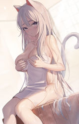 Rule 34 | 1girl, animal ears, blush, breasts, cat ears, cat girl, cat tail, cleavage, closed mouth, covering breasts, covering privates, emyo, hair between eyes, highres, large breasts, long hair, looking at viewer, naked towel, nude cover, original, purple eyes, simple background, sitting, solo, tail, towel, very long hair, wet, white background, white hair