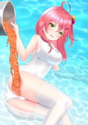 Rule 34 | 1girl, ahoge, alternate costume, bell, bucket, bucket of lava, green eyes, hair bell, hair ornament, hairclip, highres, hololive, ken525, lava, one-piece swimsuit, partially submerged, pink hair, pouring, pouring onto self, sakura miko, school swimsuit, solo, swimsuit, thighhighs, virtual youtuber, water, white one-piece swimsuit, white thighhighs, x hair ornament