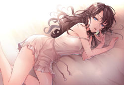 Rule 34 | 1girl, bare arms, bare shoulders, blue eyes, bottle, breasts, brown hair, dress, earrings, feet out of frame, highres, holding, ichinose shiki, idolmaster, idolmaster cinderella girls, jewelry, large breasts, long hair, looking at viewer, lying, nightgown, null (chronix), on bed, on side, parted lips, perfume bottle, sash, sleeveless, solo, strap slip, stud earrings, white dress