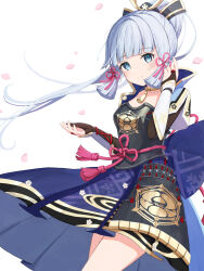 Rule 34 | 1girl, arm armor, ayaka (genshin impact), back bow, belt, black flower, black shirt, blue eyes, blue hair, blue vest, blush, bow, breasts, brown gloves, closed mouth, collarbone, floral print, flower, flower necklace, genshin impact, gloves, gold, gold necklace, hair ornament, hair ribbon, hands up, highres, index finger raised, jewelry, long hair, looking at viewer, medium breasts, mole, mole under eye, necklace, open clothes, open vest, petals, pink belt, pink ribbon, ponytail, purple bow, purple skirt, ribbon, ring, sateto (user knrf2332), shirt, short sleeves, sidelocks, simple background, skirt, smile, snowflake print, solo, standing, tassel, vest, white background, white flower