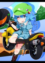 Rule 34 | 1girl, backpack, bad id, bad pixiv id, bag, blue eyes, blue hair, collagen, hair bobbles, hair ornament, hat, highres, kawashiro nitori, letterboxed, matching hair/eyes, one eye closed, short hair, solo, touhou, two side up