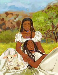 Rule 34 | 2girls, animal, artist name, big nose, blue sky, blush, breasts, brown eyes, brown hair, cleavage, closed mouth, colored sclera, curly hair, dark skin, dress, earrings, fingernails, forehead, grass, hand on another&#039;s shoulder, highres, jewelry, knees up, lamb, lips, long dress, long hair, looking at viewer, lostbluejay, lying, medium breasts, multiple girls, nostrils, on grass, original, outdoors, parted lips, pearl earrings, puffy short sleeves, puffy sleeves, realistic, sheep, short sleeves, signature, sitting, sky, small breasts, sparkle, square neckline, thick eyebrows, tree, very dark skin, white dress, yellow sclera