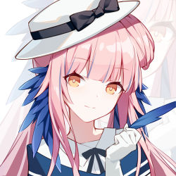 Rule 34 | 1girl, arknights, blue feathers, ceylon (arknights), feather hair, feathers, gloves, hand up, hat, hat ribbon, long hair, looking at viewer, multicolored hair, orange eyes, pink hair, portrait, quan (kurisu tina), ribbon, smile, solo, streaked hair, white gloves, white hat, zoom layer