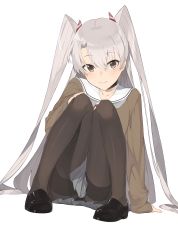 Rule 34 | 10s, 1girl, alternate costume, amatsukaze (kancolle), black panties, black pantyhose, blush, brown eyes, cardigan, choker, clothes between thighs, commentary request, hair tubes, hayashi kewi, kantai collection, knees together feet apart, loafers, long hair, long sleeves, looking at viewer, neckerchief, panties, panties under pantyhose, pantyhose, pleated skirt, school uniform, shoes, silver hair, sitting, skirt, sleeves past wrists, solo, thighband pantyhose, two side up, underwear