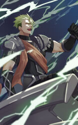 Rule 34 | 1boy, achilles (fate), armor, black shirt, blue background, blurry, blurry foreground, clenched hand, electricity, fate/apocrypha, fate (series), from below, gauntlets, green hair, haruakira, highres, male focus, mature male, armored boots, open mouth, orange eyes, orange sash, shirt, short hair, short sleeves, solo, teeth, undercut, upper teeth only