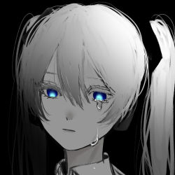 Rule 34 | 1girl, bad id, bad twitter id, black background, blue eyes, close-up, commentary, crying, crying with eyes open, glowing, glowing eyes, greyscale, hair ornament, hatsune miku, kokutogeroama, long hair, monochrome, solo, spot color, tears, twintails, vocaloid