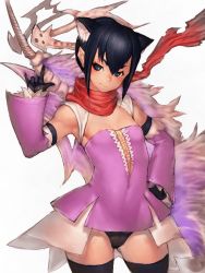 Rule 34 | 1girl, animal ears, black eyes, black hair, cat ears, flat chest, fumio (rsqkr), looking at viewer, phantasy star, phantasy star online 2, short shorts, shorts, simple background, smile, solo, thighhighs, white background