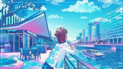 Rule 34 | 1girl, against railing, animal, blue sky, boat, border, bridge, brown hair, building, bus, cafe, cat, chair, city, cloud, coffee, commission, cup, dappled sunlight, day, disposable cup, facing away, fukuoka (city), hair bun, half updo, hareno garden, highres, holding, holding cup, long sleeves, medium hair, motor vehicle, original, outdoors, railing, real world location, river, scenery, shirt, single hair bun, sky, solo, standing, steam, sunlight, table, tree, upper body, wacca005, water, watercraft, white cat, white shirt