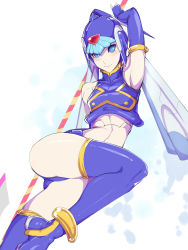 Rule 34 | 1girl, android, arm behind back, arm over head, arm up, ass, blue eyes, blush, bodystocking, bodysuit, boots, capcom, elbow gloves, fingerless gloves, gloves, hand over head, helmet, high heels, highres, kumiko shiba, fairy leviathan (mega man), looking at viewer, lying, pale skin, polearm, mega man (series), mega man zero (series), shoes, smile, solo, spear, thigh boots, thighhighs, thighs, weapon, weaponrnrnarmpits