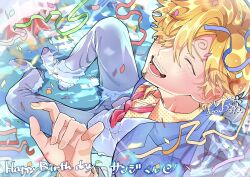 Rule 34 | 1boy, 2024, blonde hair, blue suit, closed eyes, confetti, curly eyebrows, english text, facial hair, formal, goatee, happy birthday, highres, mustache, necktie, open mouth, partially submerged, ponko517, red necktie, sanji (one piece), shirt, short hair, smile, suit, water, white shirt
