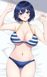 Rule 34 | 1girl, :o, arm up, bare arms, bare shoulders, bed sheet, bikini, blue bikini, blue eyes, blue hair, blush, breasts, collarbone, commentary request, cowboy shot, dolphin wave, gluteal fold, groin, hair between eyes, halterneck, hand up, highres, large breasts, looking at viewer, lying, navel, on back, open mouth, short hair, solo, stomach, striped bikini, striped clothes, surippa1010, swimsuit, thigh gap, tojou michiru