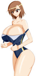 Rule 34 | 1girl, aged up, arinosu, bare arms, bare hips, bare shoulders, blue one-piece swimsuit, breasts, brown hair, cleavage, clothes pull, commentary request, competition swimsuit, curvy, feet out of frame, hair between eyes, huge breasts, medium hair, misaka mikoto, narrow waist, one-piece swimsuit, one-piece swimsuit pull, open mouth, red eyes, simple background, solo, swimsuit, thick thighs, thighs, toaru kagaku no railgun, toaru majutsu no index, undersized clothes, white background, wide hips