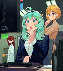 Rule 34 | 3girls, :o, ahoge, aqua eyes, aqua hair, blazer, blonde hair, blush, bra, bra peek, breasts, bright pupils, button gap, cleavage, collared shirt, commentary, diffraction spikes, english commentary, glasses, highres, hipa (some1else45), horns, indoors, jacket, keyboard (computer), lab coat, long sleeves, looking at screen, medium breasts, monitor, multiple girls, nahia (some1else45), office, office lady, original, red hair, sekoshi (some1else45), shirt, short hair, sitting, smile, some1else45, sparkle, underwear, white shirt
