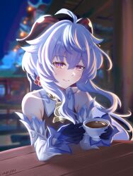 Rule 34 | 1girl, absurdres, ahoge, artist name, bare shoulders, bell, blue hair, blush, coffee cup, cup, detached sleeves, disposable cup, ganyu (genshin impact), genshin impact, highres, horns, long hair, looking at viewer, neck bell, night, nyeppu, outdoors, purple eyes, sidelocks, smile, solo, upper body, white sleeves