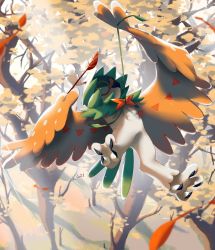 Rule 34 | animal focus, bird, claws, commentary, creature, creatures (company), decidueye, english commentary, forest, full body, game freak, gen 7 pokemon, highres, nature, nintendo, no humans, outdoors, pinkgermy, pokemon, pokemon (creature), shadow, signature, solo