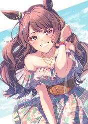 Rule 34 | 1girl, 24mbb, animal ears, bare shoulders, bead bracelet, beads, blue sky, bracelet, breasts, cleavage, cloud, cloudy sky, commentary request, dress, ear ornament, ear piercing, floral print, frilled dress, frills, grin, hair down, hair ornament, highres, horse ears, horse girl, jewelry, long hair, looking at viewer, medium breasts, necklace, off-shoulder dress, off shoulder, official alternate costume, official alternate hairstyle, piercing, pink dress, purple eyes, sky, smile, solo, tosen jordan (aurore vacances) (umamusume), tosen jordan (umamusume), umamusume