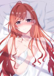Rule 34 | 1girl, 777nasu, absurdres, ahoge, areola slip, arisugawa natsuha, bed sheet, blanket, blush, breasts, collarbone, completely nude, covered erect nipples, covering privates, covering breasts, earrings, highres, holding, holding blanket, idolmaster, idolmaster shiny colors, jewelry, large breasts, light smile, long hair, looking at viewer, lying, nude, on back, orange hair, pillow, shadow, solo, upper body, very long hair