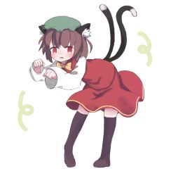 Rule 34 | 1girl, animal ears, ar (maeus), black socks, blunt bangs, blush, bow, bowtie, brown hair, cat ears, cat tail, chen, commentary, fang, full body, green hat, hat, kneehighs, long sleeves, looking at viewer, mob cap, multiple tails, nekomata, no shoes, open mouth, paw pose, puffy long sleeves, puffy sleeves, red eyes, red skirt, red vest, shirt, short hair, simple background, skirt, skirt set, sleeves past wrists, smile, socks, solo, standing, tail, touhou, two tails, vest, white background, white shirt, yellow bow, yellow bowtie