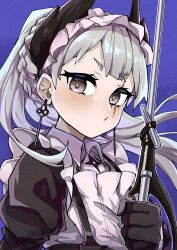 Rule 34 | 1girl, absurdres, apron, arknights, black dress, black gloves, blue background, blush, closed mouth, commentary request, dress, floating hair, frilled apron, frills, gloves, grey eyes, grey hair, highres, holding, irene (arknights), irene (voyage of feathers) (arknights), juliet sleeves, long hair, long sleeves, looking at viewer, puffy sleeves, short eyebrows, simple background, sleepyowl (jobkung15), solo, thick eyebrows, upper body, white apron