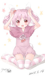 Rule 34 | 1girl, :3, :d, animal ears, arms up, barefoot, blush, capelet, collarbone, dated, full body, head tilt, highres, jumpsuit, looking at viewer, open mouth, original, pink capelet, pink hair, pink jumpsuit, pom pom (clothes), rabbit ears, rabbit girl, rabbit tail, red eyes, short jumpsuit, signature, simple background, sitting, smile, solo, star (symbol), starry background, striped clothes, striped legwear, striped thighhighs, tail, thighhighs, twintails, uchuuneko, wariza, white background