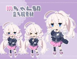 Rule 34 | &gt; &lt;, 1girl, ahoge, asymmetrical legwear, bespectacled, black choker, black shirt, black thighhighs, blue eyes, blush, boots, braid, choker, closed eyes, closed mouth, commentary, doily, facing viewer, glasses, hair ornament, hair scrunchie, high ponytail, ia (vocaloid), long hair, long sleeves, looking at viewer, low twintails, milkpanda, multiple views, open mouth, outline, parted lips, pink-framed eyewear, pink hair, pink scrunchie, pink skirt, pleated skirt, ponytail, purple background, scrunchie, semi-rimless eyewear, shirt, sidelocks, single sock, single thighhigh, skirt, sleeves past fingers, sleeves past wrists, smile, socks, standing, thighhighs, thighhighs under boots, translated, twintails, under-rim eyewear, uneven legwear, very long hair, vocaloid, white footwear, white outline