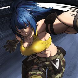 Rule 34 | 0kamiheart, 1girl, abs, armlet, belt, blue eyes, blue hair, breasts, camouflage, camouflage pants, cleavage, clenched hand, dog tags, gloves, hairband, highres, large breasts, leona heidern, medium breasts, muscular, muscular female, pants, ponytail, signature, sleeveless, snk, soldier, solo, tank top, the king of fighters, the king of fighters xv, twisted torso, yellow tank top