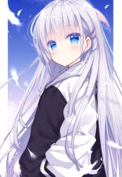 Rule 34 | 1girl, black jacket, blue eyes, blue sky, blush, cariboy, closed mouth, cloud, commentary request, day, hair between eyes, hair ornament, hair ribbon, hairclip, hand in pocket, jacket, long hair, long sleeves, looking at viewer, looking to the side, naruse shiroha, pink ribbon, puffy long sleeves, puffy sleeves, ribbon, silver hair, sky, solo, summer pockets, upper body, very long hair
