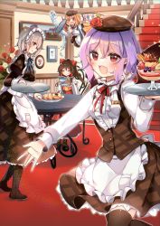 Rule 34 | 4girls, alternate costume, apron, back bow, bat wings, black legwear, bow, chair, closed eyes, cup, dessert, enmaided, fang, fangs, fingernails, flying, food, hakurei reimu, highres, izayoi sakuya, kirero, long hair, long sleeves, looking at viewer, maid, maid apron, maid headdress, multiple girls, open mouth, plate, pocket, remilia scarlet, saucer, sitting, smile, standing, table, teacup, thighhighs, touhou, tray, wings