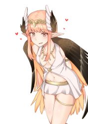 Rule 34 | 1girl, absurdres, areola slip, black wings, blush, breasts, brown eyes, circe (fate), commentary request, fate/grand order, fate (series), feathered wings, groin, head wings, heart, highres, jewelry, light brown hair, long hair, looking at viewer, medium breasts, navel, necklace, parted lips, pointy ears, sidelocks, simple background, skirt, solo, very long hair, white background, white skirt, white wings, wings, yagyuu katsuda