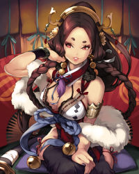 Rule 34 | 1girl, adjusting hair, armlet, bare shoulders, bell, bra, braid, breasts, brown hair, bushin renkei zero, character request, cleavage, comet (teamon), cushion, earrings, eyebrows, flower, fur, groin, hair flower, hair ornament, headdress, japanese clothes, jewelry, large breasts, lingerie, lips, long hair, nail polish, parted lips, red eyes, ribbon, scarf, sheath, short eyebrows, side slit, sitting, solo, twin braids, underwear