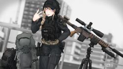 Rule 34 | 1girl, aze (tyranno-link), backpack, bag, baseball cap, belt, black bag, black hat, black pants, black shirt, black vest, blonde hair, blue eyes, blurry, blurry background, bolt action, braid, braided ponytail, building, bulletproof vest, cargo pants, city, clothes writing, commentary request, dated, depth of field, english text, eyeshadow under eye, gloves, grey bag, gun, hair between eyes, hair over shoulder, hand on belt, hand on own hip, handgun, hat, headset, highres, holster, leaning forward, long hair, long sleeves, looking at viewer, mole, mole under eye, new york city police department, one side up, optical sight, original, outdoors, pants, patch, pocket, police, police uniform, policewoman, pouch, railing, rifle, scope, shirt, sig ssg 3000, signature, single glove, sniper rifle, solo, suppressor, tactical clothes, thigh holster, tongue, tongue out, tripod, uniform, unworn backpack, unworn bag, utility belt, vest, weapon